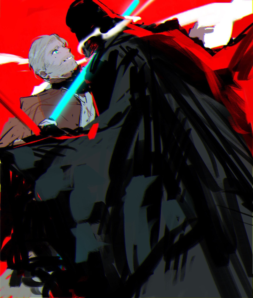 2boys beard black_cape blue_eyes blue_lightsaber cape darth_vader energy_sword facial_hair helmet highres jedi lightsaber mole mole_under_eye multiple_boys obi-wan_kenobi red_background red_lightsaber sith sknmgr star_wars sword weapon