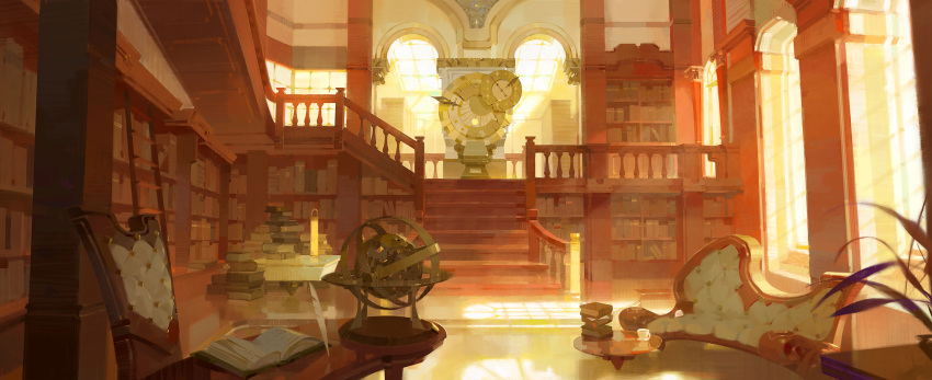a-shacho book book_stack bookshelf chair chinese_commentary clock commentary couch cup english_commentary globe highres indoors ladder masterwork_apocalypse mixed-language_commentary no_humans official_art open_book scenery stairs sunlight table teacup