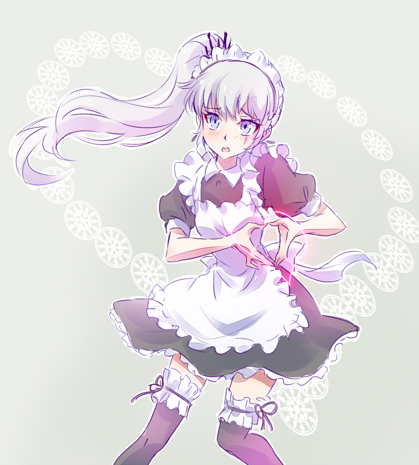 1girl alternate_costume apron black_legwear blue_eyes commentary_request embarrassed enmaided floating_hair frills furrowed_brow grey_background hair_ornament heart heart_hands highres hikasa_youko iesupa long_hair maid maid_apron maid_headdress moe_moe_kyun! open_mouth rwby scar scar_across_eye scar_on_face side_ponytail snowflake_background solo thigh-highs tiara voice_actor_connection wavy_mouth weiss_schnee white_hair zettai_ryouiki