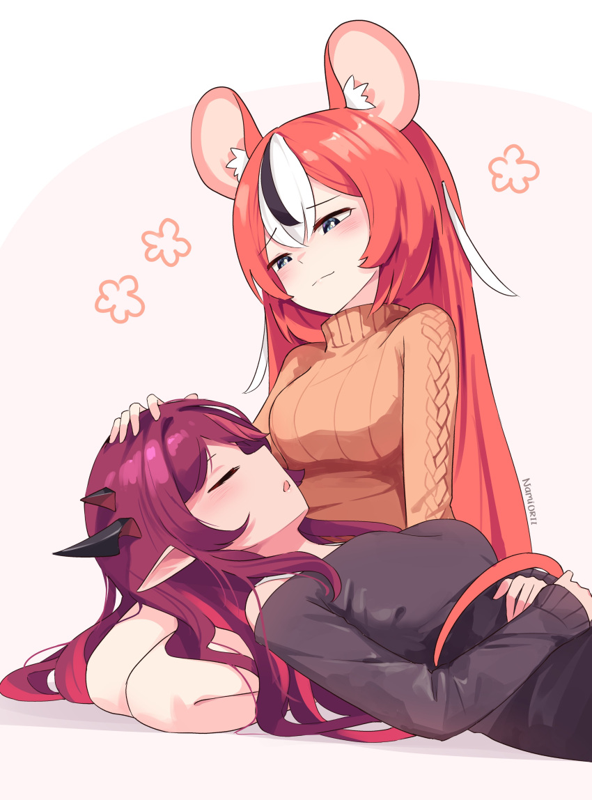 2girls absurdres animal_ears artist_name bare_shoulders black_hair blush casual closed_eyes commentary demon_horns english_commentary hair_down hakos_baelz hand_on_another's_head highres hololive hololive_english horns irys_(hololive) lap_pillow long_hair long_sleeves looking_at_another mouse_ears mouse_girl mouse_tail multicolored_hair multiple_girls namiorii pointy_ears purple_hair redhead ribbed_sweater sitting sleeping sleeping_on_person smile streaked_hair sweater tail turtleneck turtleneck_sweater very_long_hair white_hair yuri