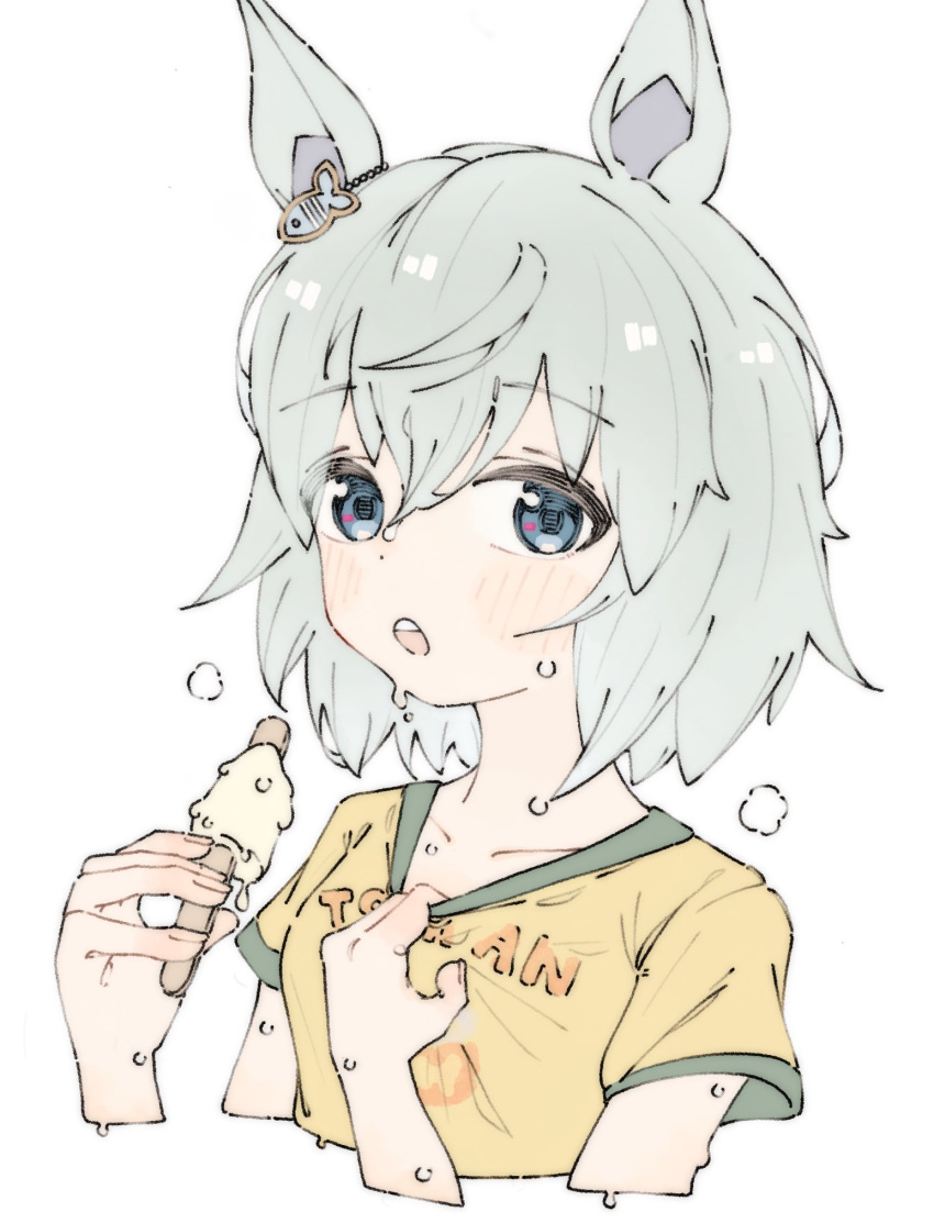 1girl animal_ears bangs blue_eyes blush breath clothes_pull cropped_torso food green_hair hands_up highres horse_ears hot looking_at_viewer onibi_(demonsfireonibi) open_mouth popsicle pulled_by_self seiun_sky_(umamusume) shirt shirt_pull short_hair short_sleeves simple_background solo sweat teeth umamusume upper_body upper_teeth white_background yellow_shirt