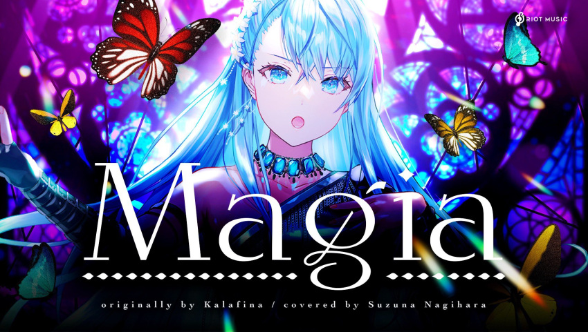 1girl backlighting bangs bare_shoulders blue_eyes blue_gemstone blue_hair bug butterfly character_name earrings face fingernails floating_hair flower gem hair_between_eyes hair_flower hair_ornament highres jewelry light_blue_hair long_hair looking_at_viewer music nagihara_suzuna necklace official_art open_mouth outstretched_arm portrait riot_music sakamuke second-party_source singing solo song_name stained_glass swept_bangs virtual_youtuber