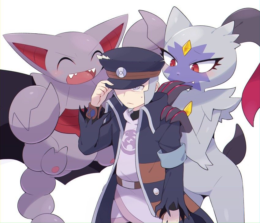 1boy absurdres belt belt_buckle black_coat black_headwear brown_belt buckle closed_mouth coat commentary_request gliscor grey_eyes grey_hair hand_on_headwear hat high_collar highres ingo_(pokemon) long_sideburns male_focus peaked_cap pearl_clan_outfit pokemon pokemon_(creature) pokemon_(game) pokemon_legends:_arceus short_hair sideburns sneasler subaru331 trench_coat