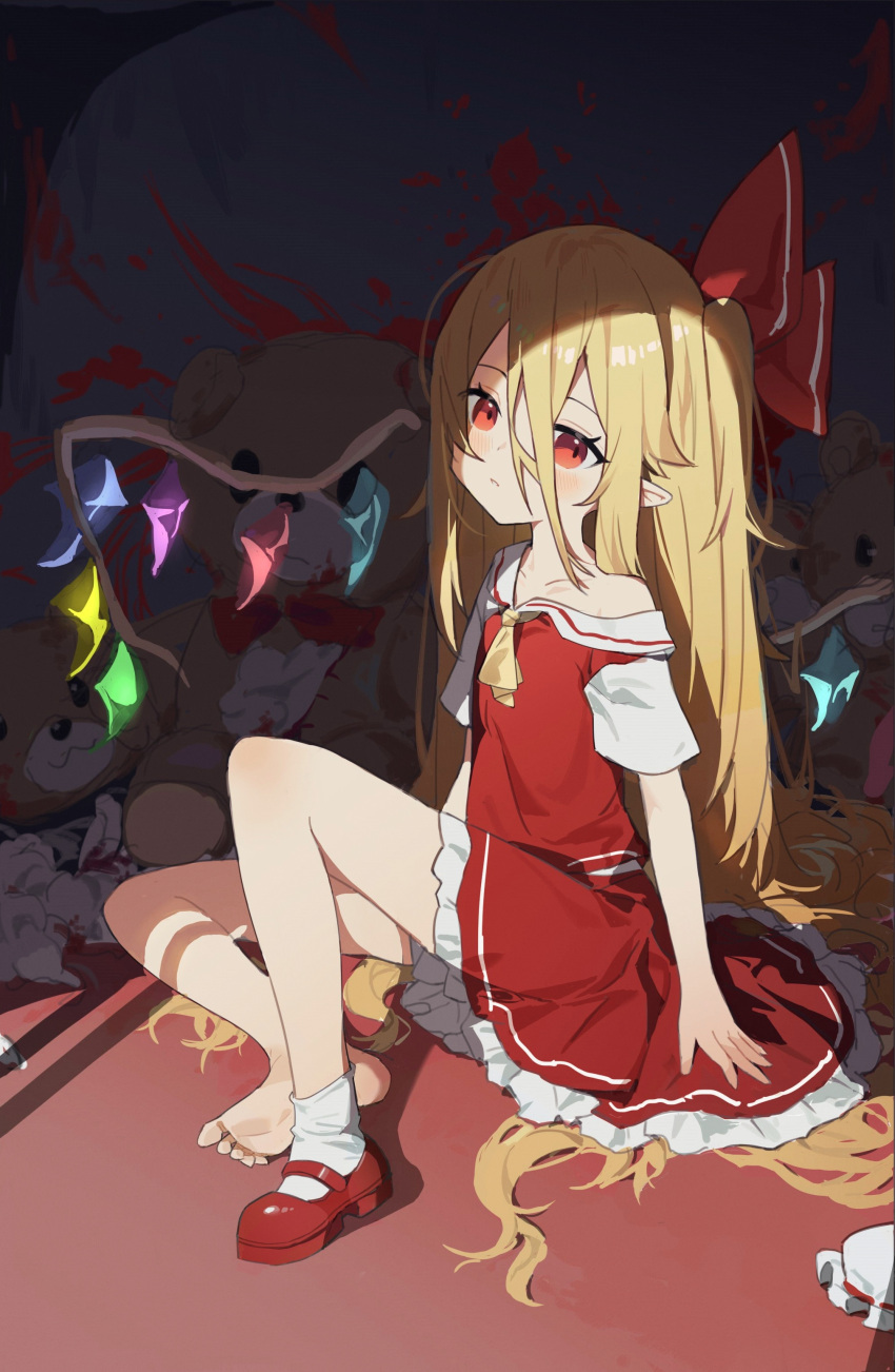 1girl absurdly_long_hair absurdres alternate_hair_length alternate_hairstyle arm_support ascot barefoot blonde_hair blood blood_splatter blush collared_shirt commentary crystal eyebrows_behind_hair flandre_scarlet frilled_skirt frills hair_between_eyes hair_ribbon hat hat_removed headwear_removed highres long_hair looking_at_viewer mary_janes measho mob_cap one_side_up parted_lips pointy_ears red_eyes red_footwear red_ribbon red_shirt red_skirt ribbon shirt shoes short_sleeves single_shoe sitting skirt skirt_set socks stuffed_animal stuffed_toy stuffing teddy_bear touhou very_long_hair white_headwear white_legwear wings yellow_ascot