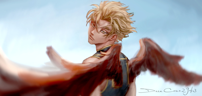 1boy absurdres artstation_username black_shirt blonde_hair blurry boku_no_hero_academia corey_murakami costume depth_of_field ear_piercing face facial_hair facial_mark feathered_wings forked_eyebrows from_behind goatee half-closed_eyes hawks_(boku_no_hero_academia) high_collar highres looking_at_viewer male_focus piercing red_feathers red_wings shirt short_hair signature skin_tight sleeveless soft_focus solo spread_wings striped striped_shirt stubble thick_eyebrows tight tight_shirt upper_body wings yellow_eyes