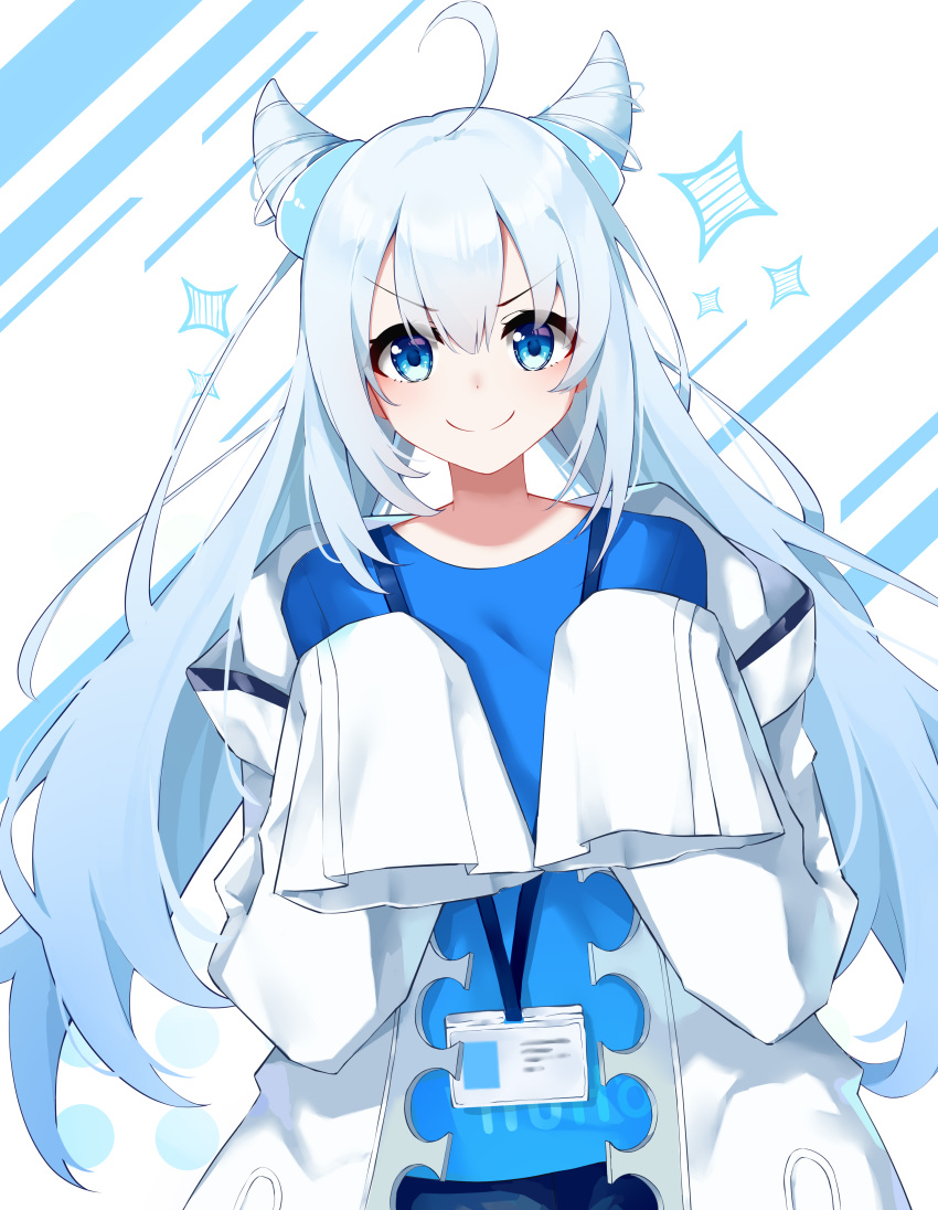 1girl absurdres bangs blue_background blue_eyes blue_hair blue_shirt blue_shorts closed_mouth coat highres id_card long_hair long_sleeves looking_at_viewer mihoyo_technology_(shanghai)_co._ltd. miyouji muou shirt shorts smile solo two-tone_background v-shaped_eyebrows white_background white_coat