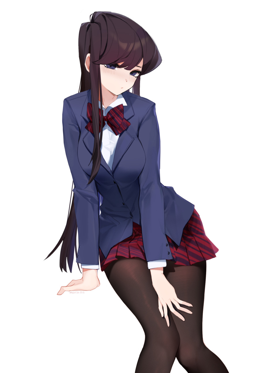 1girl absurdres arm_support bangs blue_jacket bow bowtie breasts brown_hair brown_legwear collared_shirt dated diagonal_stripes highres hime_cut jacket knees_up komi-san_wa_komyushou_desu komi_shouko leaning_forward light_blush long_hair looking_at_viewer medium_breasts pantyhose qijiu_shi_yu red_bow red_bowtie red_skirt shirt sidelocks simple_background sitting skirt solo striped striped_bow striped_bowtie striped_skirt thighs very_long_hair violet_eyes white_background white_shirt