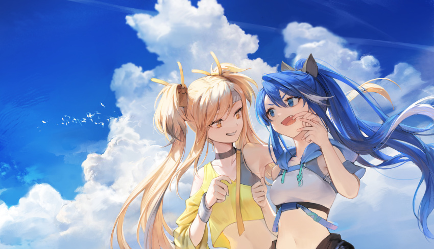 2girls bangs black_choker blonde_hair blue_eyes blue_hair breasts choker clothing_cutout clouds cloudy_sky crop_top day fang floating_hair grin hair_between_eyes hair_ornament hand_in_mouth hansum highres hood hood_down long_hair long_sleeves looking_at_another medium_breasts midriff multicolored_hair multiple_girls navel open_mouth original ponytail shirt shoulder_cutout single_sleeve sky smile streaked_hair twintails upper_body v-shaped_eyebrows white_hair wristband yellow_eyes yellow_shirt