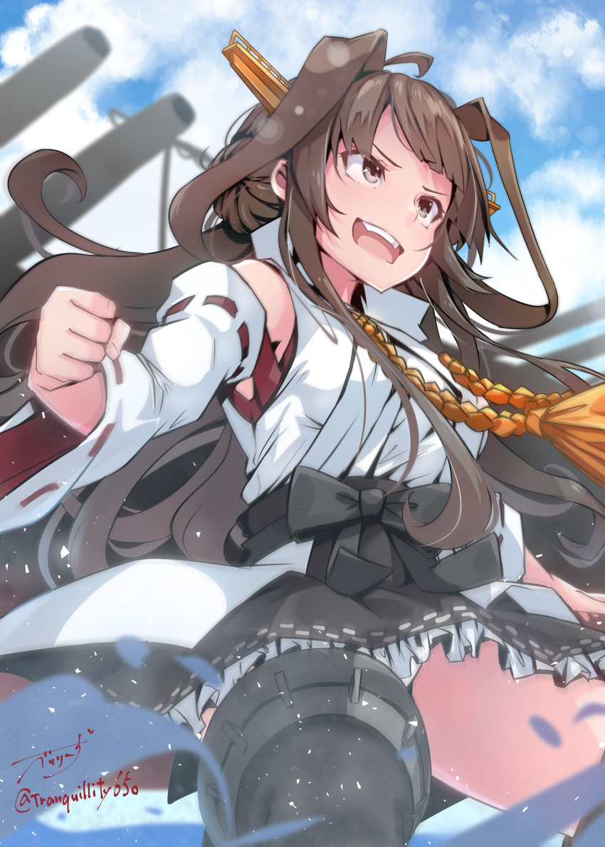 1girl absurdres ahoge artist_name baileys_(tranquillity650) bare_shoulders black_skirt blush brown_hair day detached_sleeves double_bun frilled_skirt frills grey_eyes highres japanese_clothes kantai_collection kongou_(kancolle) long_hair machinery nontraditional_miko open_mouth ribbon-trimmed_sleeves ribbon_trim rigging signature skirt smile solo teeth turret twitter_username upper_teeth white_sleeves wide_sleeves