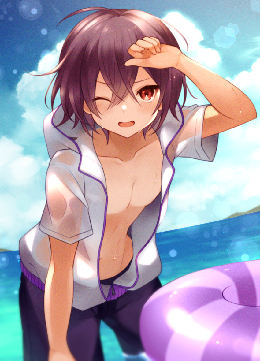 1boy beach black_hair blush center_opening day eyebrows_visible_through_hair hair_between_eyes highres jacket looking_at_viewer male_focus memo_haco ocean one_eye_closed open_clothes open_jacket open_mouth original red_eyes short_hair shorts solo unzipped