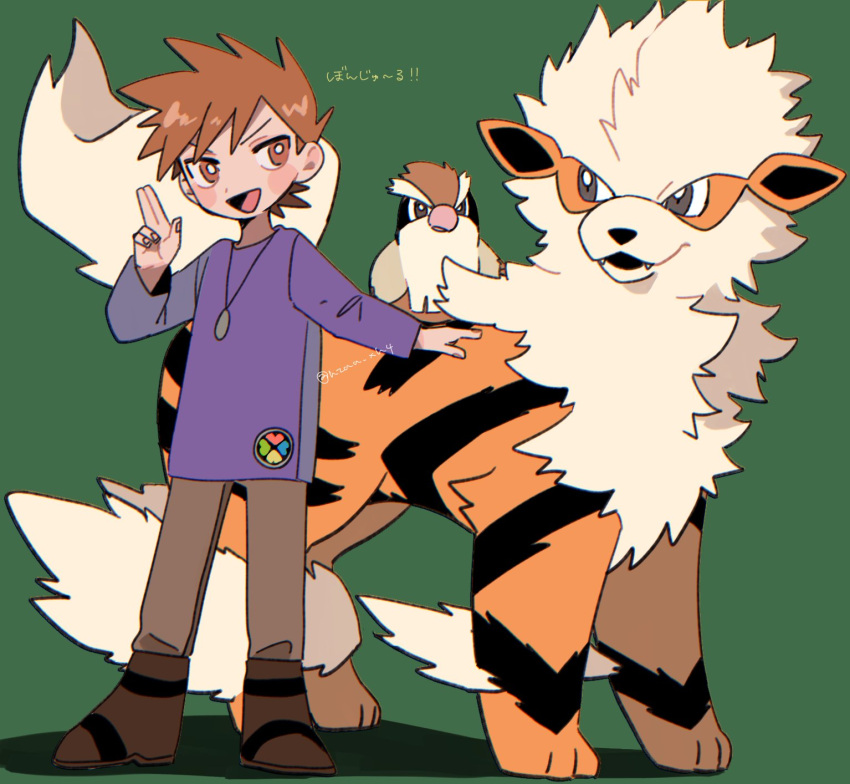 1boy arcanine bangs bird blue_oak boots bright_pupils brown_eyes brown_footwear brown_hair brown_pants commentary_request hand_up highres long_shirt long_sleeves male_focus momotose_(hzuu_xh4) pants pidgey pokemon pokemon_(creature) pokemon_(game) pokemon_rgby purple_shirt shirt short_hair spiky_hair standing translated white_pupils