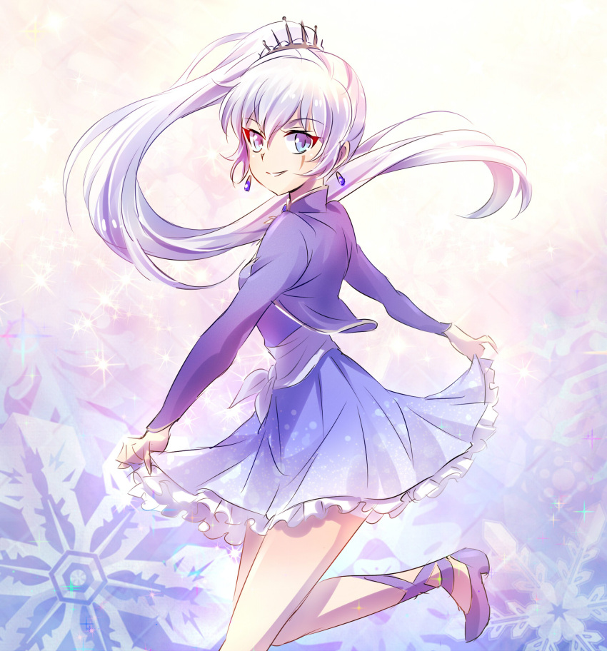 1girl bangs blue_dress blue_eyes commentary_request dress earrings eyebrows_visible_through_hair floating_hair foot_up grin hair_ornament highres iesupa jewelry long_hair looking_at_viewer platform_footwear platform_heels rwby sash scar scar_across_eye short_dress side_ponytail skirt_hold smile snowflake_background solo sparkle thighs tiara weiss_schnee