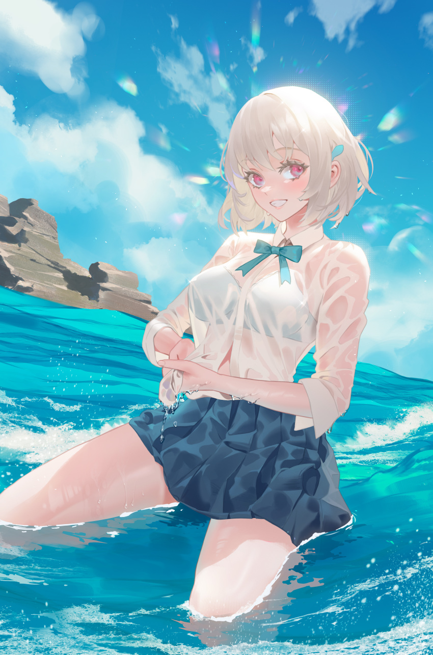 1girl absurdres bangs blue_bow blue_bowtie blue_bra blue_skirt blue_sky blush borrowed_character bow bowtie bra bra_visible_through_clothes breasts cirilla_lin clouds collared_shirt commentary day eyebrows_visible_through_hair grin hair_ornament highres long_sleeves looking_at_viewer medium_breasts nacchan_(ohisashiburi) original outdoors pink_eyes pleated_skirt see-through shirt short_hair sitting skirt sky smile solo underwear water wet wet_clothes wet_shirt white_hair white_shirt wringing_clothes
