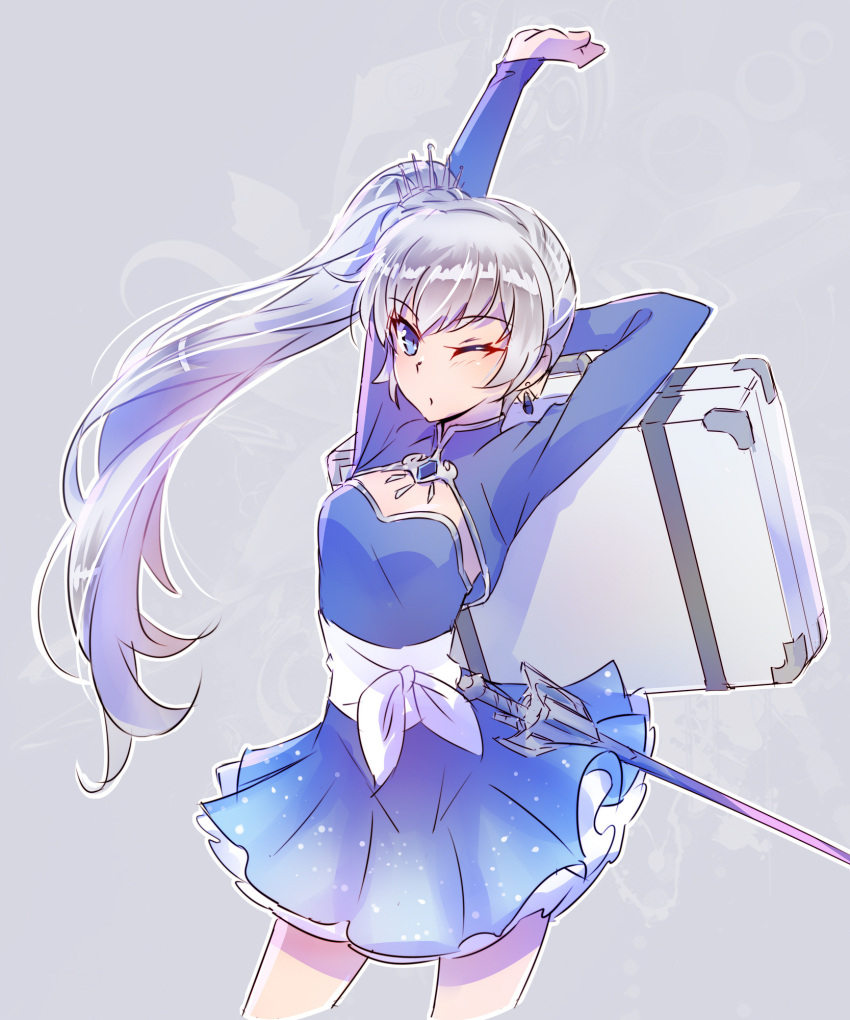 1girl arm_behind_head arms_up blue_dress blue_eyes briefcase brooch dress earrings grey_background hair_ornament highres holding holding_briefcase iesupa jewelry long_hair myrtenaster no_scar one_eye_closed ponytail rapier rwby sash scar scar_across_eye scar_on_face short_dress side_ponytail solo suitcase sword tiara weapon weiss_schnee white_hair