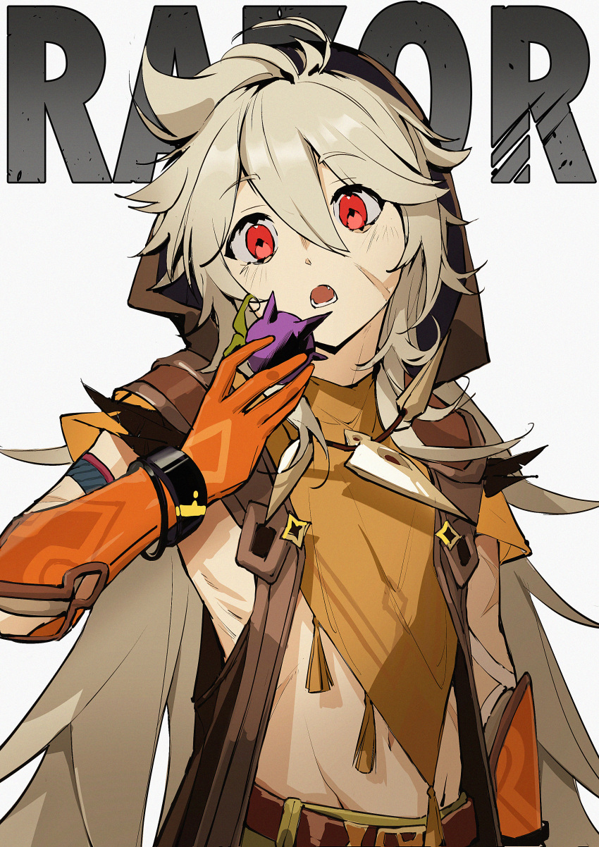 1boy absurdres ahoge berry bishounen bone_necklace character_name genshin_impact gloves grey_hair hand_up highres jewelry linpiu long_hair male_focus necklace open_mouth orange_gloves razor_(genshin_impact) red_eyes scar scar_on_face simple_background sleeveless solo toned