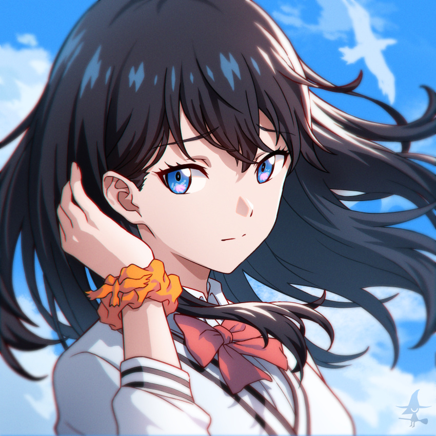 1girl absurdres adjusting_hair artist_logo bangs bird black_hair blue_eyes bow bowtie cardigan collared_shirt eyebrows_visible_through_hair face furrowed_brow gridman_universe hair_between_eyes hair_blowing hand_up highres long_hair looking_at_viewer orange_scrunchie outdoors red_bow red_bowtie scrunchie shirt sky solo ssss.gridman straight_hair takarada_rikka white_cardigan white_shirt wrist_scrunchie wuuyaw