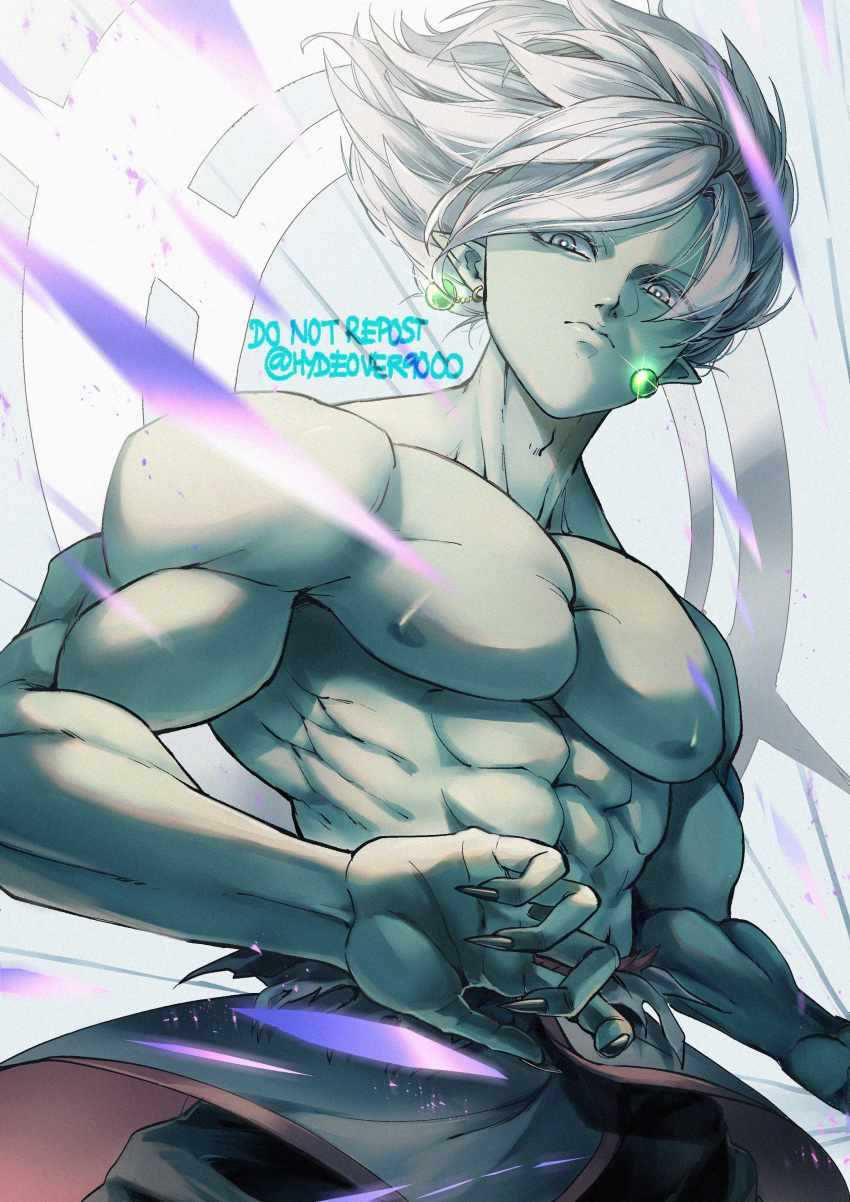 1boy abs absurdres closed_mouth colored_skin dragon_ball dragon_ball_super earrings fused_zamasu green_skin halo highres hydeover9000 jewelry male_focus muscular muscular_male pants pectorals potara_earrings solo topless_male torn_clothes white_hair