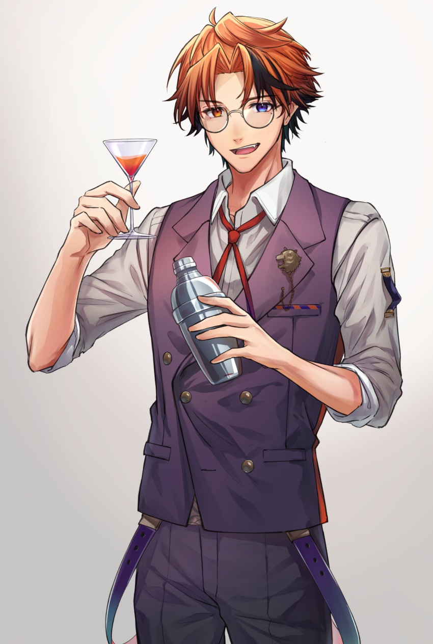 1boy :d ahoge alternate_eye_color bangs belt bespectacled black_hair blue_eyes buttons cocktail_glass cocktail_shaker collared_shirt cowboy_shot cup drink drinking_glass fang glasses grey_background grey_shirt heterochromia highres holding holding_cup holding_shaker holostars lapel_pin looking_at_viewer male_focus mole mole_under_eye multicolored_hair n@o_(nao) neck_ribbon open_collar orange_eyes orange_hair pants parted_bangs purple_pants purple_vest red_ribbon ribbon shirt short_hair simple_background sleeves_rolled_up smile solo standing streaked_hair vest virtual_youtuber yukoku_roberu