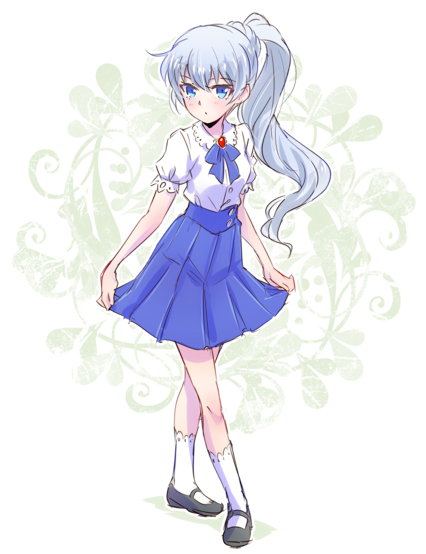 1girl absurdres black_footwear blouse blue_eyes blue_skirt blush brooch commentary curtsey english_commentary floral_background highres iesupa jewelry long_hair mary_janes no_scar pleated_skirt ponytail rwby shirt shoes skirt skirt_hold solo weiss_schnee white_hair white_legwear white_shirt younger