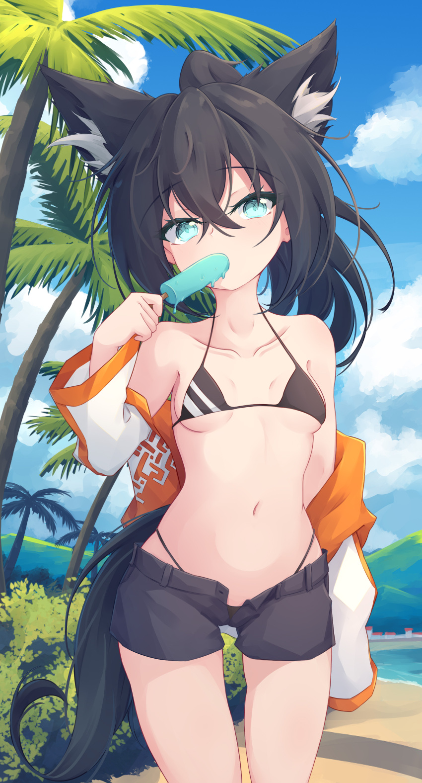 1girl absurdres animal_ear_fluff animal_ears aqua_eyes bangs beach bikini black_bikini black_hair black_shorts blue_sky breasts clouds cloudy_sky collarbone cowboy_shot day dripping eating extra_ears eyebrows_visible_through_hair food hair_between_eyes hand_up high_ponytail highres licking long_hair long_sleeves looking_at_viewer melting navel ocean off_shoulder open_clothes open_shirt open_shorts orange_shirt original outdoors palm_tree popsicle scenery shirt short_shorts shorts sky small_breasts solo standing swimsuit tail tree trimbil two-tone_shirt water white_shirt