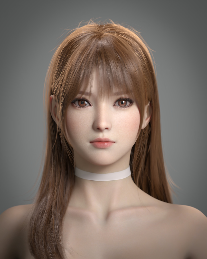 1girl 3d absurdres bangs bare_shoulders brown_eyes brown_hair choker closed_mouth collarbone commentary dead_or_alive gradient grey_background highres hxwxrf kasumi_(doa) lips long_hair simple_background solo
