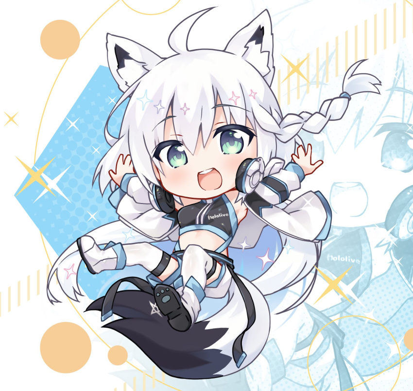 1girl ahoge animal_ear_fluff animal_ears bangs black_shirt braid chibi commentary_request crop_top eyebrows_visible_through_hair fox_ears fox_girl fox_tail green_eyes hair_between_eyes hanatsumi headphones headphones_around_neck highres hololive jacket long_hair looking_at_viewer open_clothes open_jacket open_mouth pentagram shirakami_fubuki shirt short_shorts shorts sidelocks single_braid solo tail thigh-highs twintails virtual_youtuber white_footwear white_hair white_jacket white_legwear white_shorts