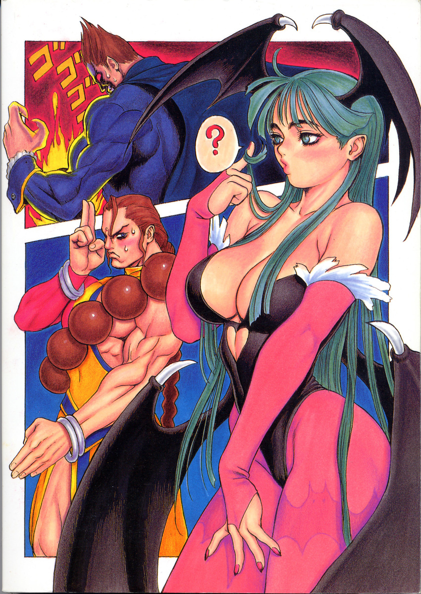 1girl 2boys ? adjusting_hair angry aqua_eyes aqua_hair asymmetrical_clothes bangs bare_shoulders bat bat_wings beads blue_eyes blush bracelet braid breasts bridal_gauntlets brown_hair capcom chest cleavage clenched_teeth demitri_maximoff demon_girl donovan_baine fighting_stance fire frills from_behind frown fur_trim hair_over_breasts hair_tussle hand_on_thigh head_wings heart highleg highleg_leotard highres jewelry large_breasts leotard lips long_hair looking_at_viewer looking_away midriff morrigan_aensland multiple_boys muscle nail_polish navel no_pupils pantyhose payot pink_legwear print_pantyhose profile red_eyes scan short_hair single_braid speech_bubble succubus sweat thighs traditional_media tsukasa_jun vampire vampire_(game) very_long_hair wings wrist_cuffs