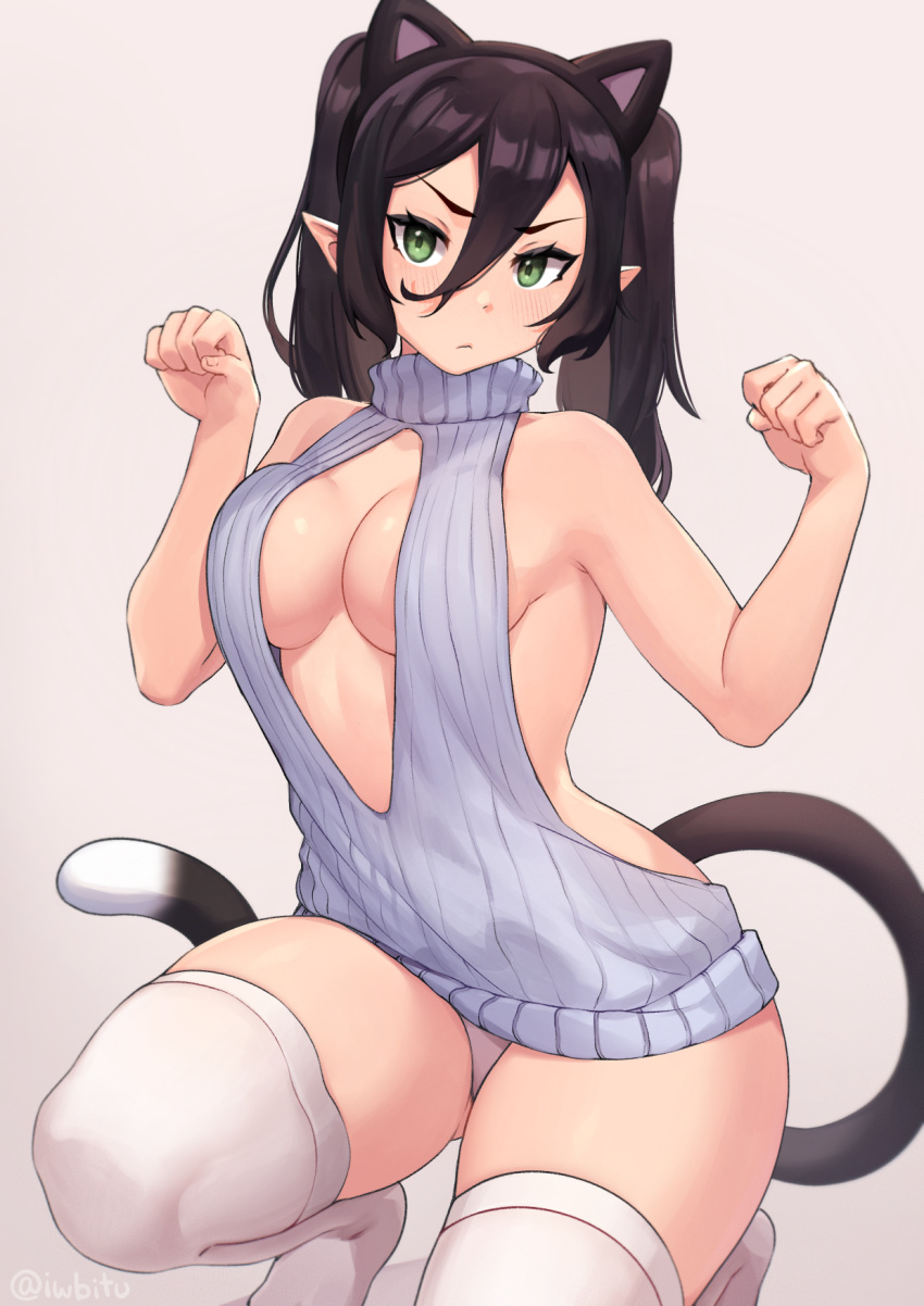 1girl animal_ears artist_name backless_outfit bare_shoulders black_hair black_hairband blue_sweater blush breasts cat_ears cat_tail center_opening closed_mouth commentary english_commentary fake_animal_ears green_eyes grey_background hairband hands_up highres iwbitu long_hair looking_at_viewer medium_breasts meme_attire original panties paw_pose pointy_ears simple_background solo squatting sweater tail thighs twintails underwear virgin_killer_sweater white_legwear white_panties