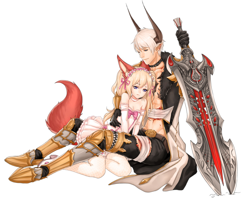 1boy 1girl animal_ears bad_link black_choker blonde_hair blue_eyes castanic choker elbow_gloves elin fox_ears fox_tail full_body gloves holding holding_sword holding_weapon horns injury nipuni pointy_ears sad sitting slayer_(tera_online) sword tail tera_online transparent_background weapon