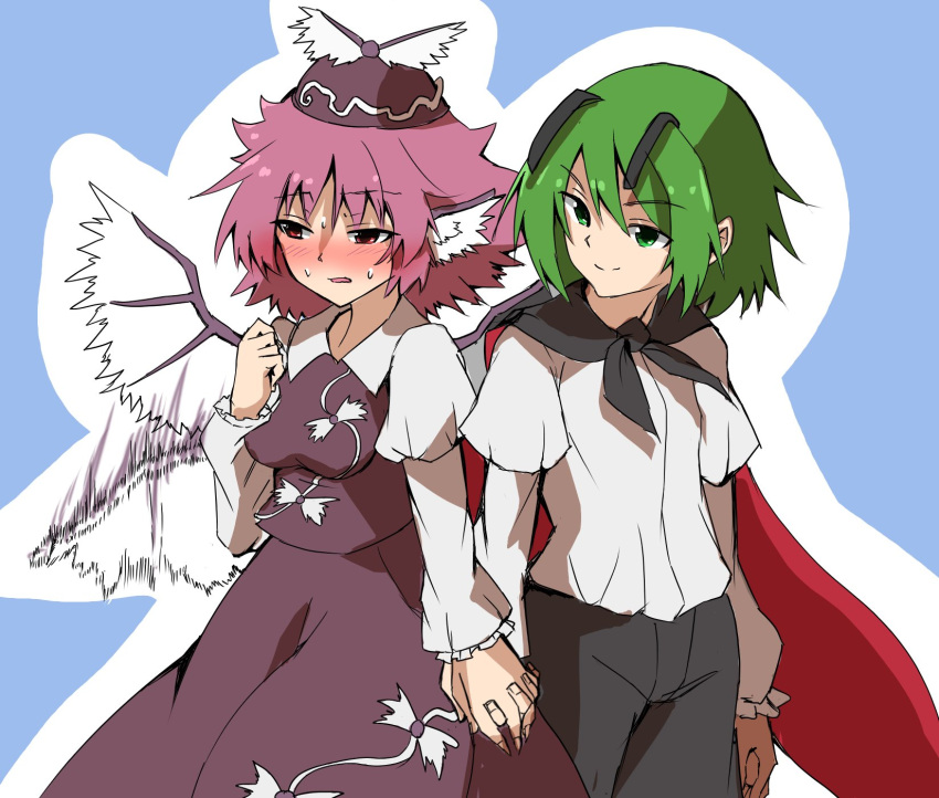 2girls androgynous animal_ears antennae bird_ears bird_wings black_cape black_pants blue_background blush breasts brown_eyes brown_headwear brown_skirt brown_vest cape closed_mouth collared_shirt commentary_request embarrassed eyebrows_visible_through_hair feathered_wings fingernails frilled_sleeves frills green_eyes green_hair happy highres holding_hands interlocked_fingers juliet_sleeves long_sleeves medium_breasts multiple_girls mystia_lorelei nose_blush pants pink_hair puffy_sleeves red_cape s_mika2000 shirt short_hair skirt smile sweat sweating_profusely tomboy touhou two-sided_cape two-sided_fabric vest white_shirt white_wings winged_hat wings wriggle_nightbug yuri