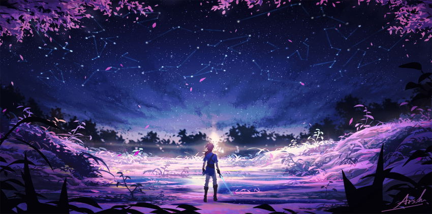 1boy arms_at_sides arsh_(thestarwish) artist_name belt blonde_hair blue_tunic brown_belt brown_footwear constellation facing_away from_behind grass highres holding holding_sword holding_weapon link long_hair long_sleeves male_focus nature night night_sky outdoors pants petals ponytail scenery signature sky solo standing star_(sky) starry_sky sunlight sword the_legend_of_zelda the_legend_of_zelda:_breath_of_the_wild tree twilight water weapon white_pants wide_shot