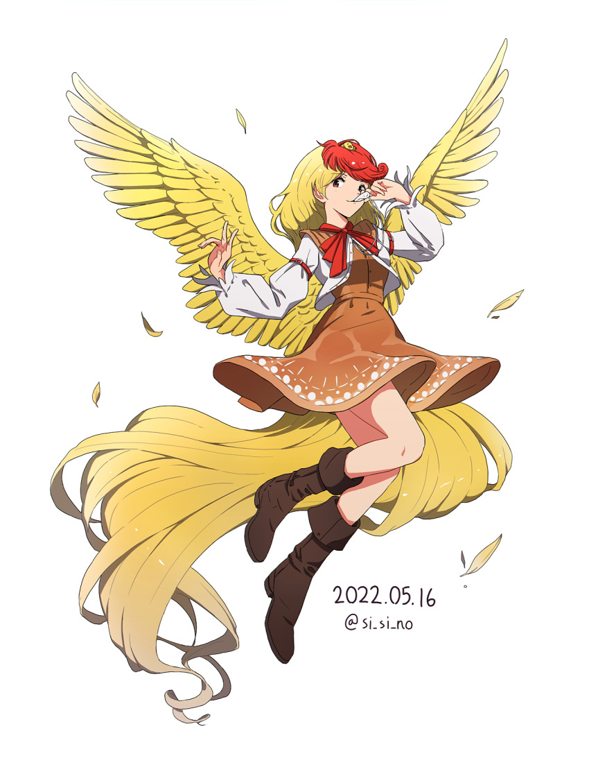 1girl animal animal_on_head bird bird_on_head bird_tail bird_wings blonde_hair boots brown_dress brown_footwear chick covered_navel dated dress eyebrows_visible_through_hair feathered_wings full_body highres knee_boots long_sleeves multicolored_hair niwatari_kutaka on_head red_eyes redhead shishi_osamu short_hair simple_background solo tail touhou twitter_username two-tone_hair whistle white_background wings yellow_wings