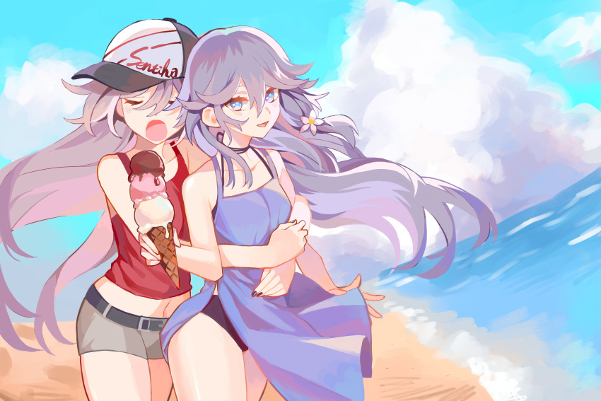 2girls absurdres beach belt blue_sky closed_eyes clouds crepe day dual_persona food fu_hua fu_hua_(herrscher_of_sentience) hat highres honkai_(series) honkai_impact_3rd ice_cream ice_cream_cone long_hair looking_at_viewer multiple_girls ocean open_mouth outdoors selfcest shorts sky yuri yuyuyu_starrail