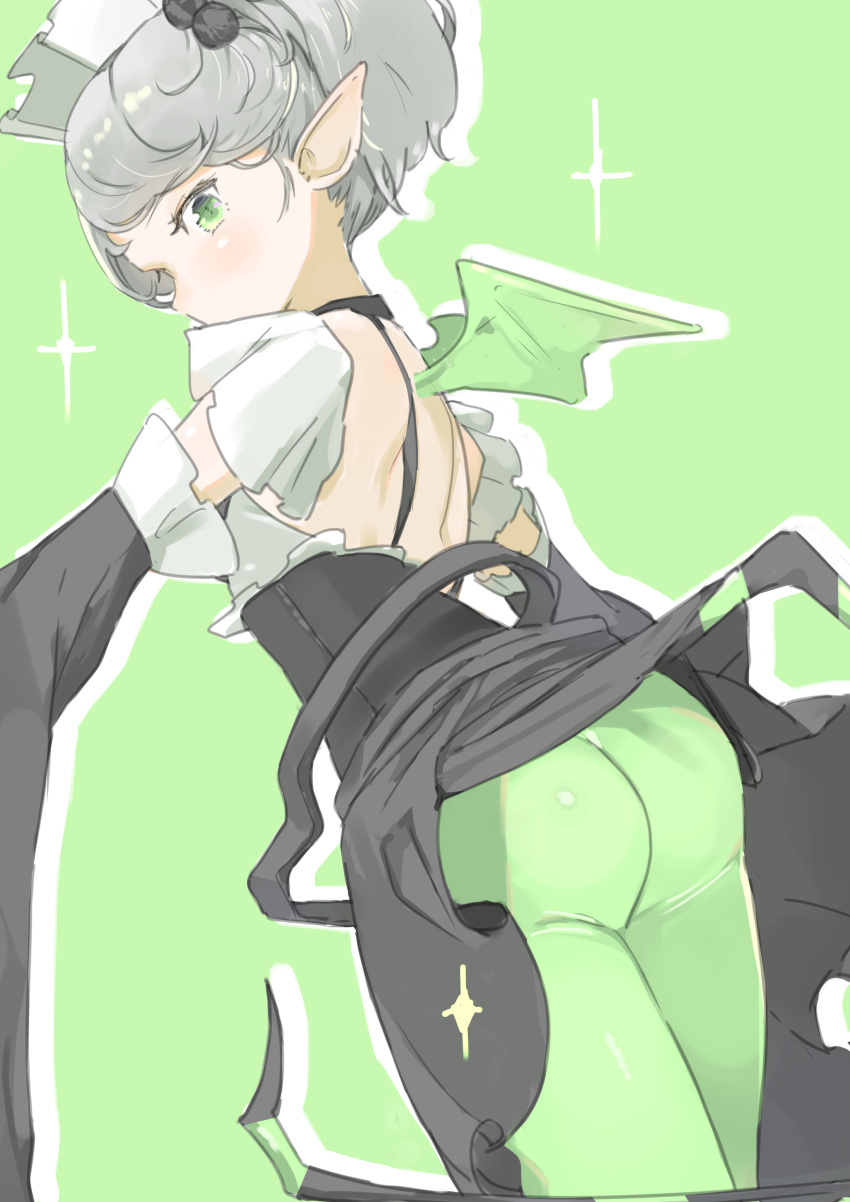 1girl absurdres black_dress blush co_botan commentary_request detached_sleeves dress duel_monster frills green_background green_eyes green_legwear green_wings grey_hair highres labrynth_servant_arianna maid_headdress outline pantyhose pointy_ears short_hair short_twintails simple_background solo sparkle twintails white_outline wide_sleeves wings yu-gi-oh!