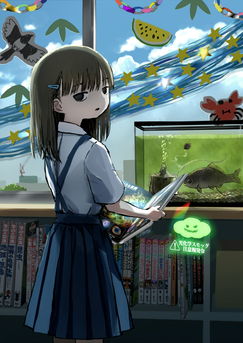 1girl black_eyes blue_skirt blue_sky book bookshelf brown_hair clouds cloudy_sky collared_shirt commentary criss-cross_back-straps day empty_eyes feet_out_of_frame fish fish_tank giba_ryan hair_ornament hairclip half-closed_eyes highres holding holding_book indoors long_hair looking_at_viewer looking_back magpie open_mouth original paper_chain pleated_skirt shirt short_sleeves skirt sky solo standing star_sticker sticker suspender_skirt suspenders tanabata window