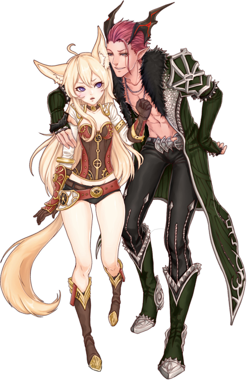 1boy 1girl animal_ear_fluff animal_ears blonde_hair castanic elin fox_ears fox_tail full_body gloves highres looking_at_another looking_to_the_side navel nipuni tail tera_online transparent_background violet_eyes wide_hips