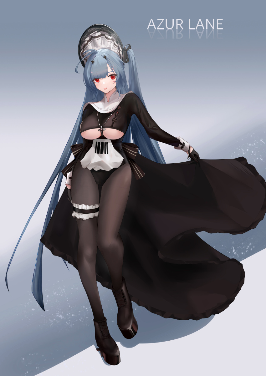 1girl absurdres azur_lane black_dress black_gloves black_legwear blue_hair breasts clothing_cutout copyright_name cross_hair_ornament dress frilled_straps full_body gloves grey_background hair_ornament highres large_breasts long_hair looking_at_viewer marco_polo_(azur_lane) marco_polo_(the_queen_of_hearts)_(azur_lane) official_alternate_costume pantyhose platform_boots red_eyes risona showgirl_skirt simple_background thigh_strap under_boob underboob_cutout very_long_hair