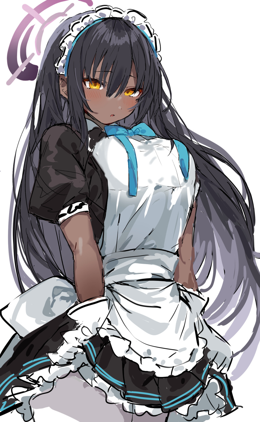 1girl apron bangs black_dress black_hair blue_archive blue_ribbon blush brown_eyes clothes_lift cowboy_shot dark-skinned_female dark_skin dress dress_lift eyebrows_visible_through_hair frilled_apron frilled_dress frills hair_between_eyes half-closed_eyes halo highres inu_(puputizy) karin_(blue_archive) lifted_by_self long_hair looking_at_viewer maid maid_apron maid_headdress neck_ribbon pantyhose parted_lips puffy_short_sleeves puffy_sleeves ribbon short_sleeves sidelocks simple_background solo very_long_hair white_apron white_background white_legwear