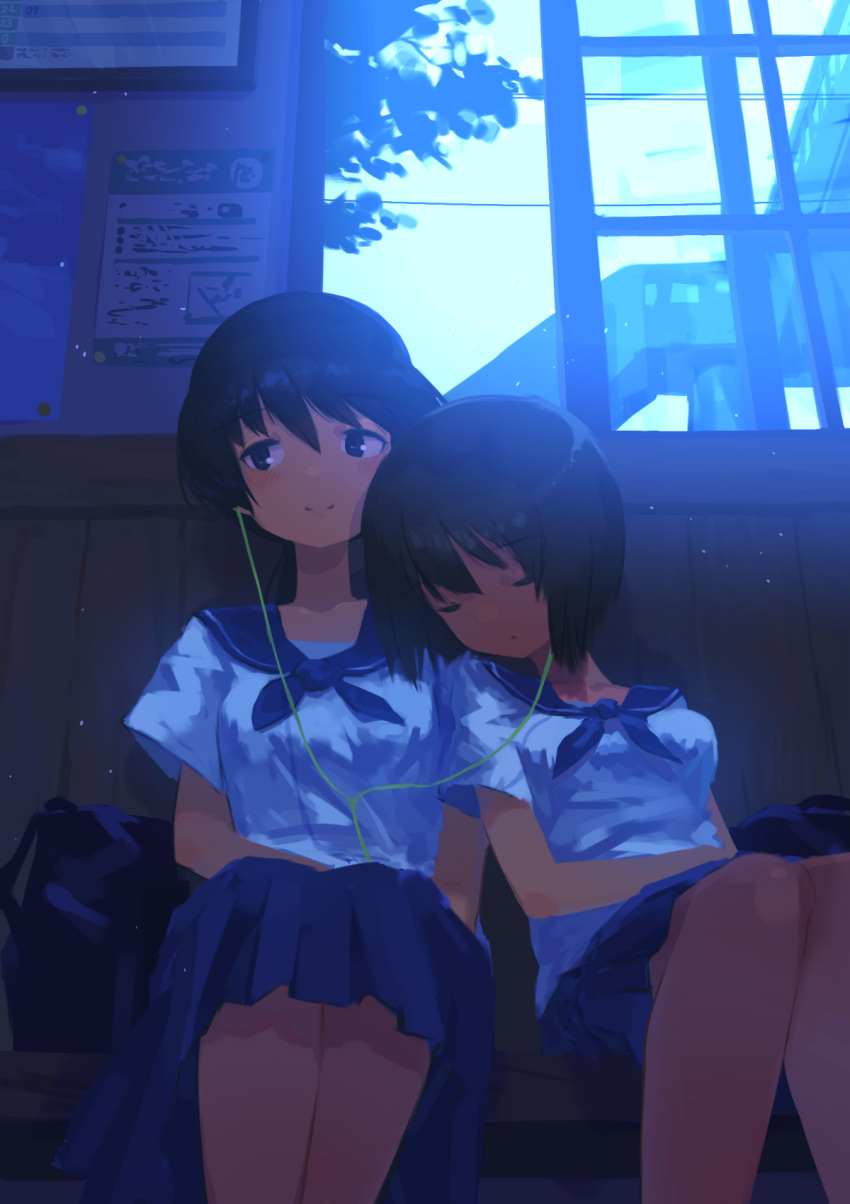 backlighting bag bench black_hair blush brown_hair closed_eyes earphones highres leaning_on_person natsuno_kanasemi original pedestrian_bridge ponytail school_bag school_uniform serafuku shared_earphones short_hair sitting smile train_station yuri