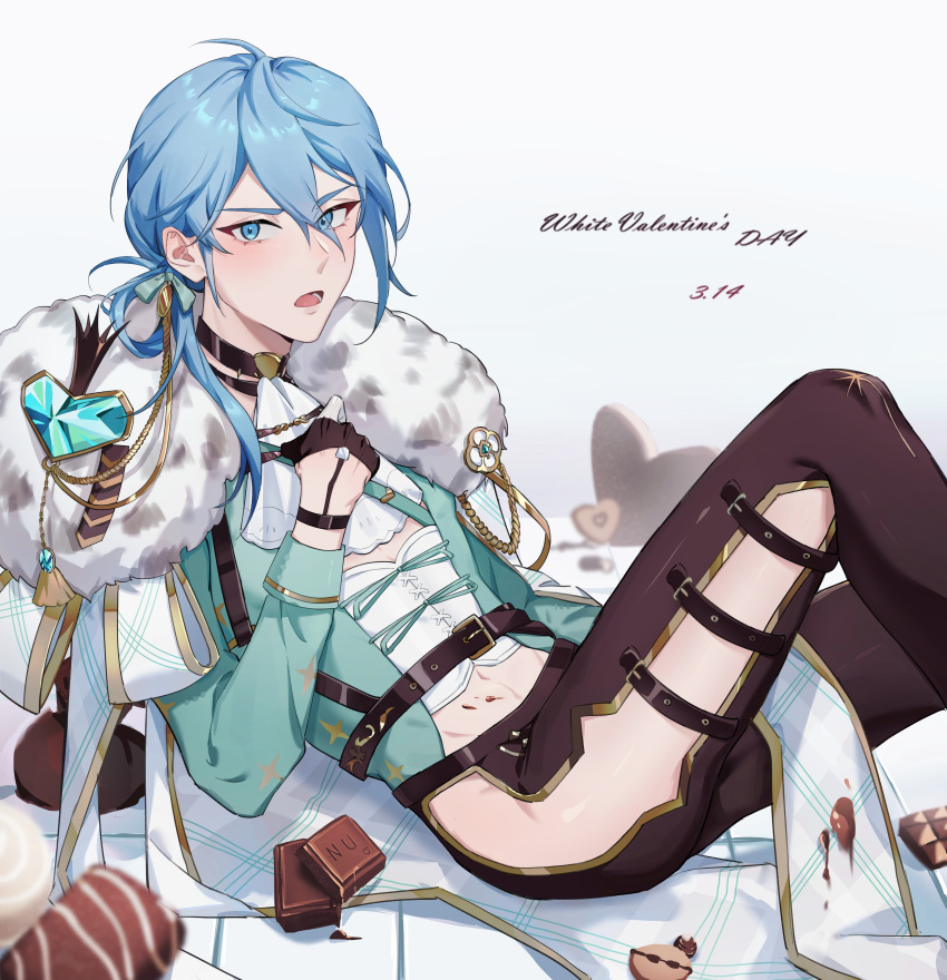 1boy absurdres ascot black_gloves blue_eyes blush candy chocolate chocolate_bar chocolate_on_body chocolate_on_clothes edmond_(nu_carnival) food food_on_body fur_trim gem gloves hair_ribbon half_gloves highres light_blue_hair long_hair long_sleeves looking_at_viewer low_ponytail male_focus navel nu_carnival open_mouth ribbon tassel white_ascot white_day xianliang_ban