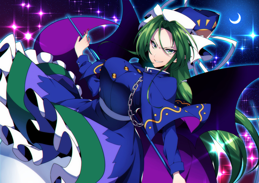 1girl absurdres bangs black_background blue_capelet blue_dress blue_headwear breasts buttons capelet chain commentary_request crescent_moon demon_wings dress ghost_tail green_eyes green_hair grin hat highres kamenozoki_momomo large_breasts long_hair long_sleeves looking_at_viewer mima_(touhou) moon smile solo staff sun_print touhou touhou_(pc-98) upper_body v-shaped_eyebrows wings witch_hat