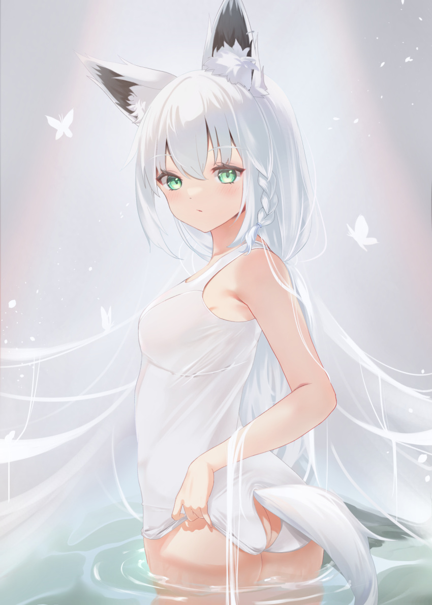 1girl animal_ear_fluff animal_ears ass bangs bare_arms braid breasts bug butterfly cowboy_shot eyebrows_visible_through_hair fox_ears fox_girl fox_tail from_behind green_eyes hair_between_eyes highres hololive long_hair looking_at_viewer looking_back medium_breasts miaohik one-piece_swimsuit shirakami_fubuki solo swimsuit tail tail_through_clothes very_long_hair virtual_youtuber wading water white_butterfly white_hair white_swimsuit