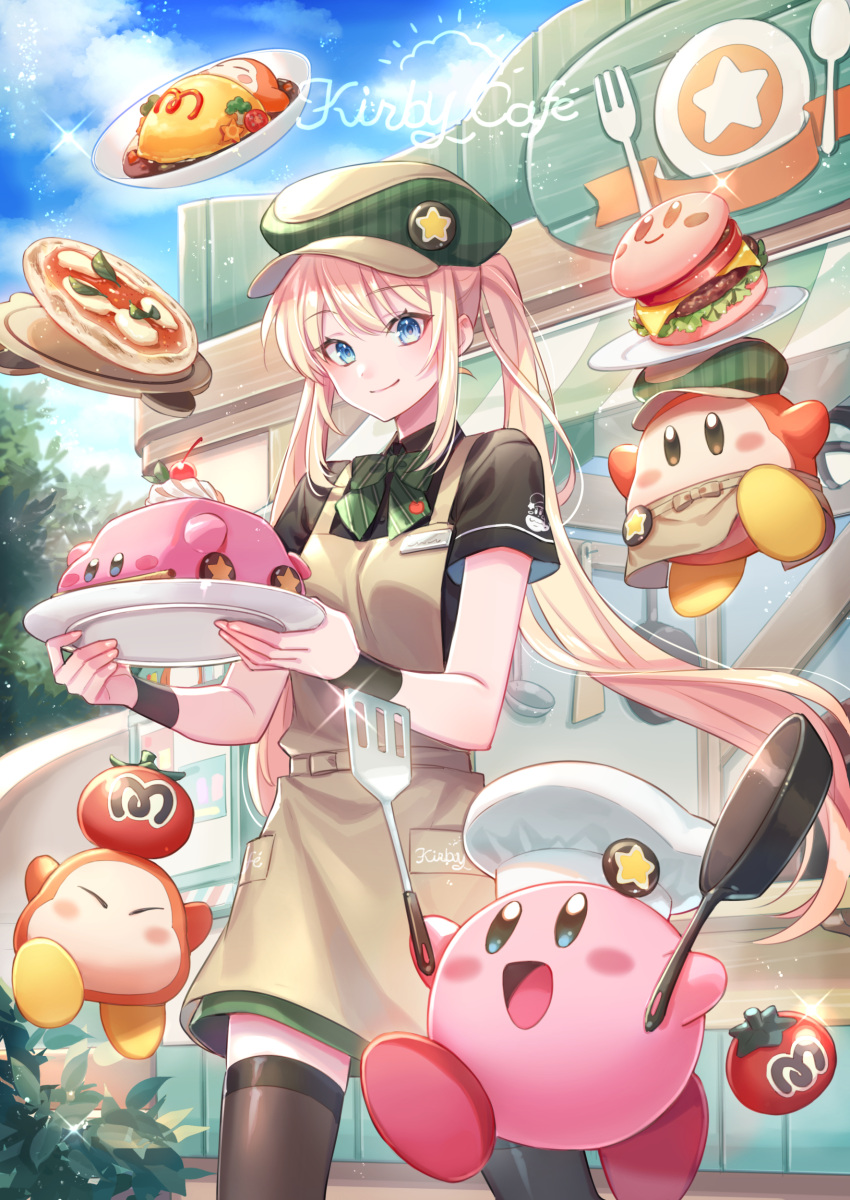 1girl absurdres apron black_legwear blonde_hair blue_eyes bow bowtie burger car closed_mouth cowboy_shot english_text food green_bow green_bowtie green_headwear ground_vehicle highres holding holding_plate kirby kirby_(series) kirby_cafe long_hair looking_at_viewer motor_vehicle original outdoors pizza plate short_sleeves smile standing star_(symbol) striped striped_bow thigh-highs twintails waddle_dee zoff_(daria)
