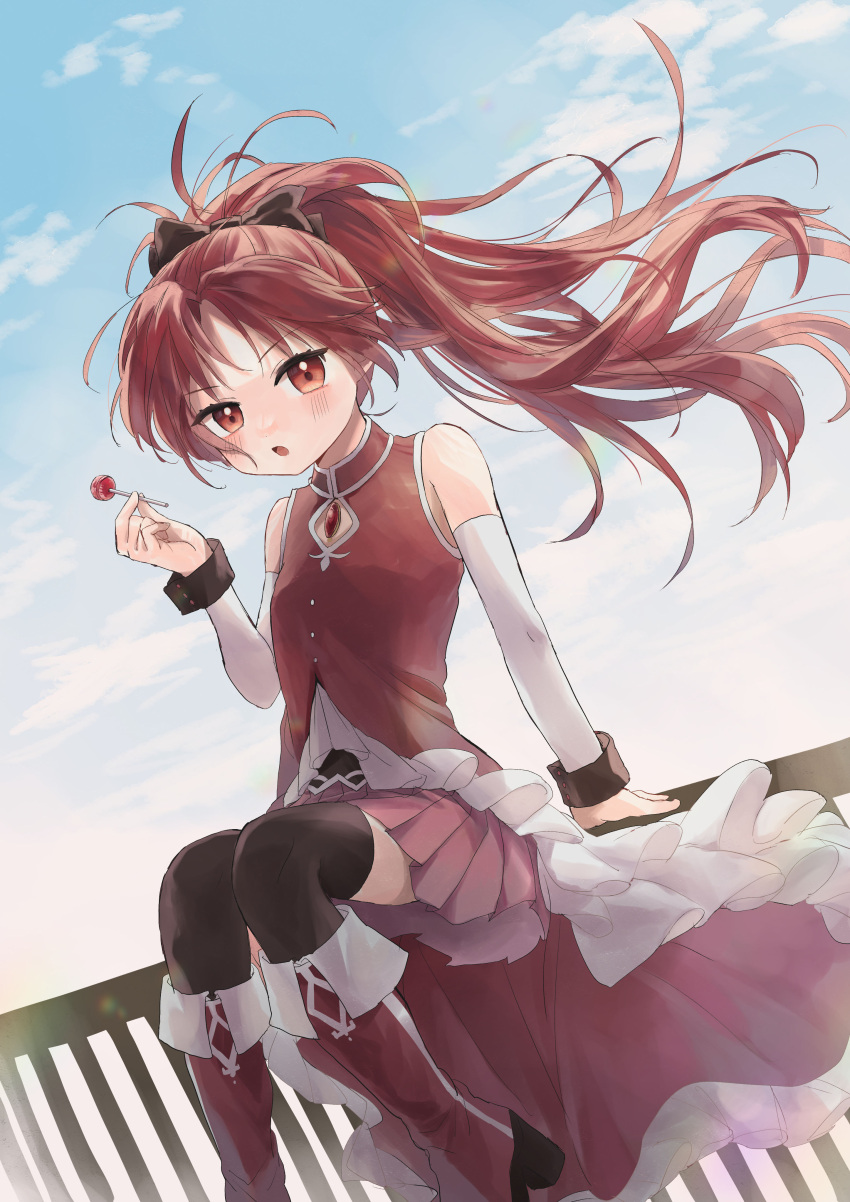 1girl absurdres blush bow candy fence food full_body hair_bow highres holding holding_food lollipop long_hair mahou_shoujo_madoka_magica morisata open_mouth ponytail red_eyes redhead ribbon rooftop sakura_kyouko sitting sitting_on_fence sky solo very_long_hair