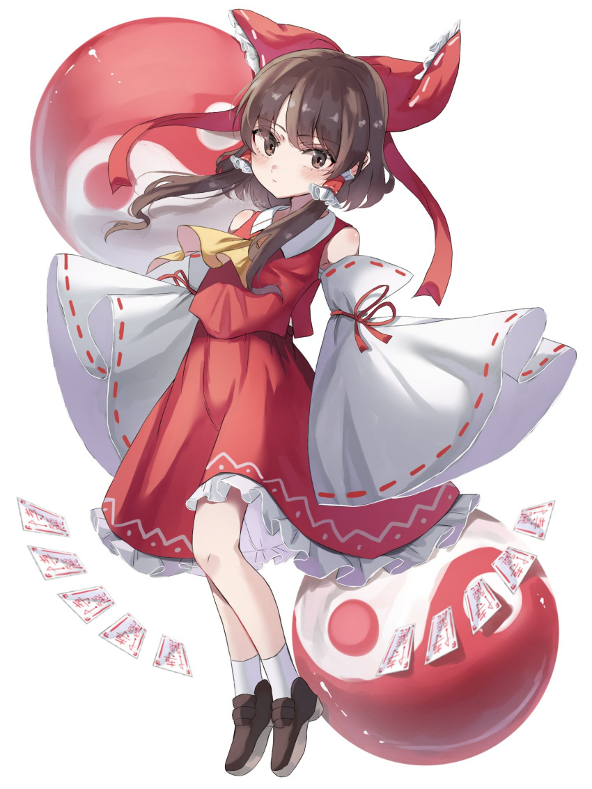 1girl ascot bow brown_eyes brown_footwear brown_hair collared_vest commentary_request frilled_skirt frills full_body hair_bow hair_tubes hakurei_reimu highres katsukare loafers long_sleeves ofuda orb red_bow red_ribbon red_skirt red_vest ribbon ribbon-trimmed_sleeves ribbon_trim shoes short_hair_with_long_locks simple_background skirt standing touhou vest white_background white_legwear wide_sleeves yellow_ascot yin_yang yin_yang_orb