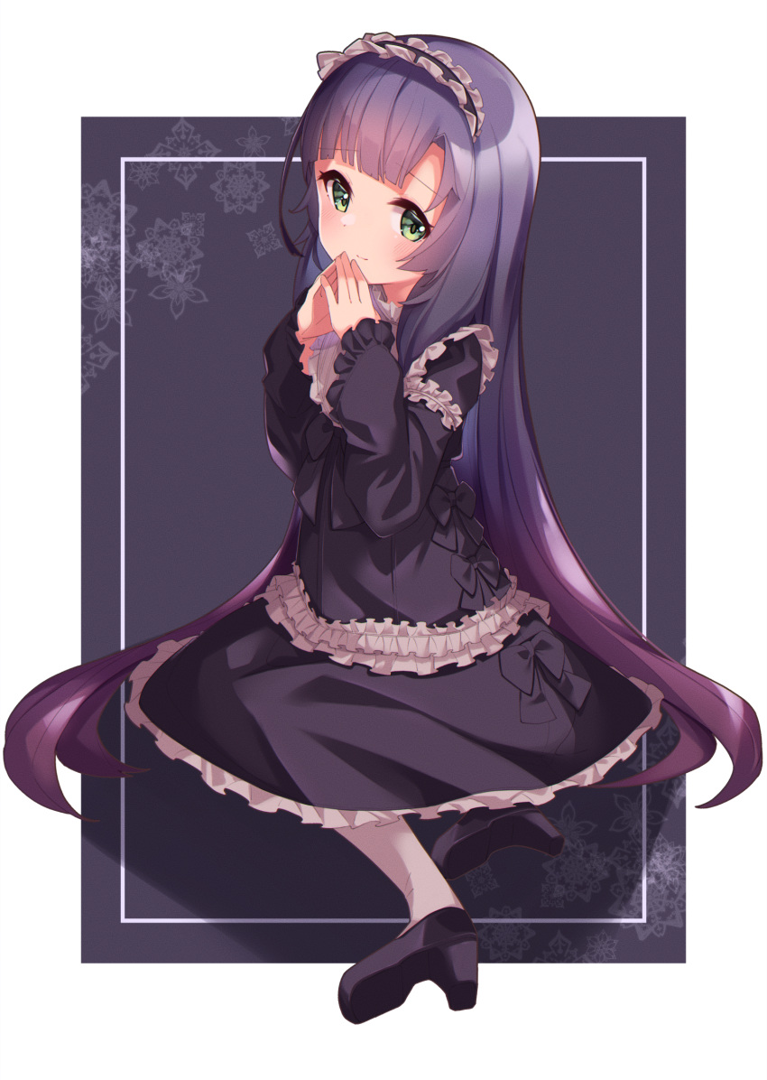 1girl bangs black_background black_dress black_footwear black_hair blunt_bangs border closed_mouth commentary_request dress eyebrows_visible_through_hair frilled_dress frills gothic_lolita gradient_hair green_eyes high_heels highres kantai_collection lolita_fashion long_hair long_sleeves looking_at_viewer matsuwa_(kancolle) multicolored_hair outside_border own_hands_together pantyhose purple_hair sitting solo tareme uut very_long_hair white_border white_legwear