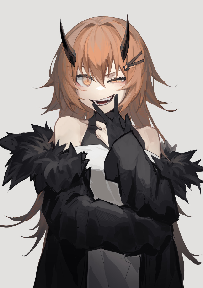 1girl :d absurdres arm_across_waist bangs bare_shoulders black_coat black_gloves brown_eyes brown_hair coat covered_collarbone eyebrows_visible_through_hair fangs fur-trimmed_coat fur_trim gloves hair_ornament hairclip highres horns long_hair long_sleeves looking_at_viewer open_clothes open_coat open_mouth original ozeu0916 partially_fingerless_gloves shirt simple_background smile solo teeth upper_body v-shaped_eyebrows white_background white_shirt