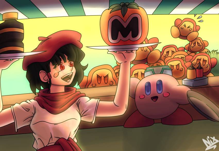 arms_up beret blush brown_eyes brown_hair food group_picture hair_ornament handkerchief happy hat highres kirby kirby_(series) maria_del_carmen nix_manga open_mouth original red_eyes red_headwear shirt short_hair short_sleeves virtual_youtuber waddle_dee waving