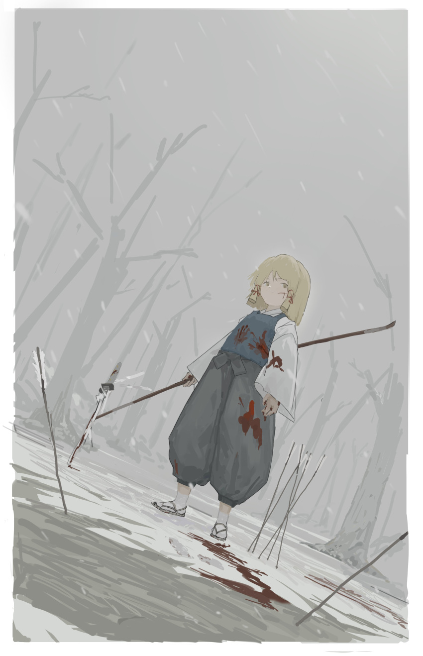 1girl absurdres arrow_(projectile) baggy_pants bare_tree blonde_hair blood blood_on_clothes blood_on_snow blue_vest commentary full_body grey_pants hair_ribbon hand_print highres holding holding_stick long_sleeves looking_at_viewer moriya_suwako pants red_ribbon reisende1969 ribbon sandals shirt short_hair socks solo stick sword touhou tree vest weapon white_legwear white_shirt wide_sleeves winter yellow_eyes