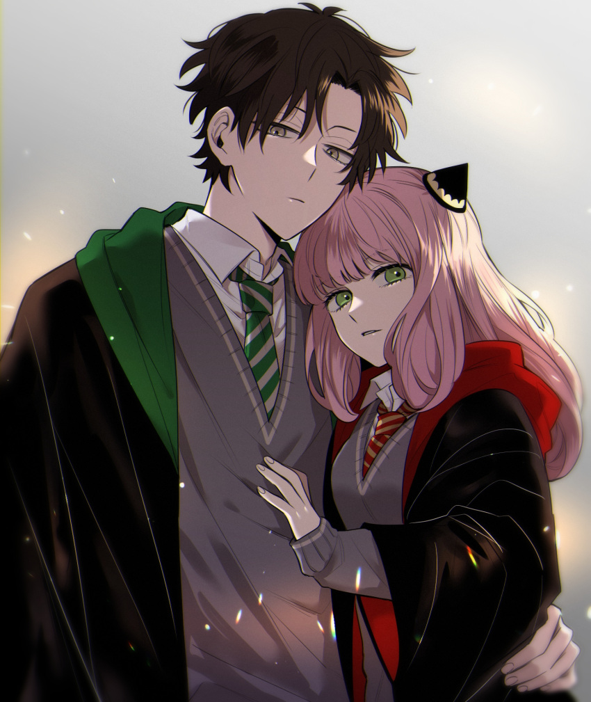 1boy 1girl anya_(spy_x_family) bangs black_coat black_hair blunt_bangs breasts coat collared_shirt cosplay damian_desmond fake_horns green_eyes green_necktie grey_background grey_eyes grey_sweater gryffindor hair_ornament hand_on_another's_back hand_on_another's_chest harry_potter_(series) highres hogwarts_school_uniform hood hood_down hooded_coat horns long_hair long_sleeves looking_at_viewer nai0524 necktie older open_clothes open_coat pink_hair red_necktie school_uniform shirt short_hair slytherin spy_x_family striped_necktie sweater upper_body white_shirt wide_sleeves